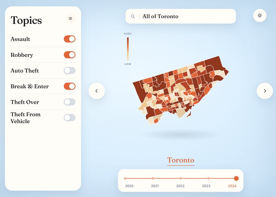 Toronto choropleth with the Topics sidebar open